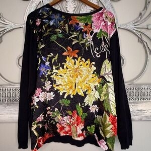 Johnny Was Cashmere Silk Floral Mixed Media Sweater Black Size M EUC